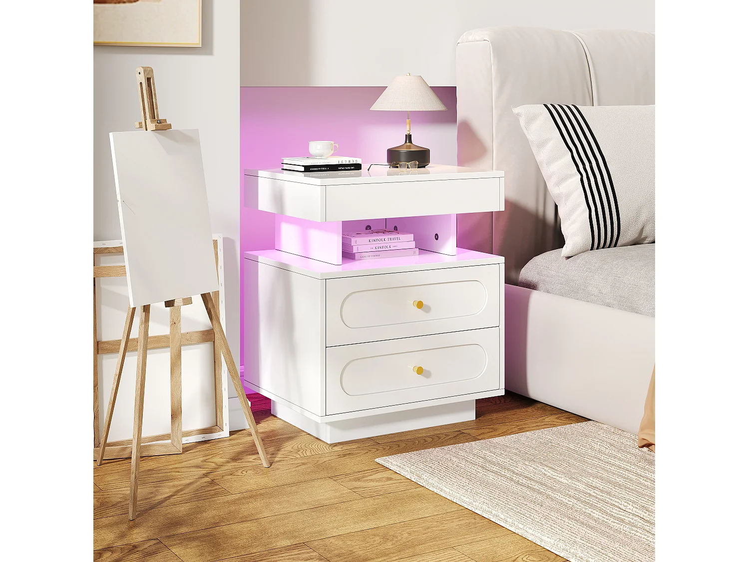 Table de chevet 50x40x60cm - avec éclairage LED - avec 2 tiroirs et 1 espace de rangement ouvert - Blanc