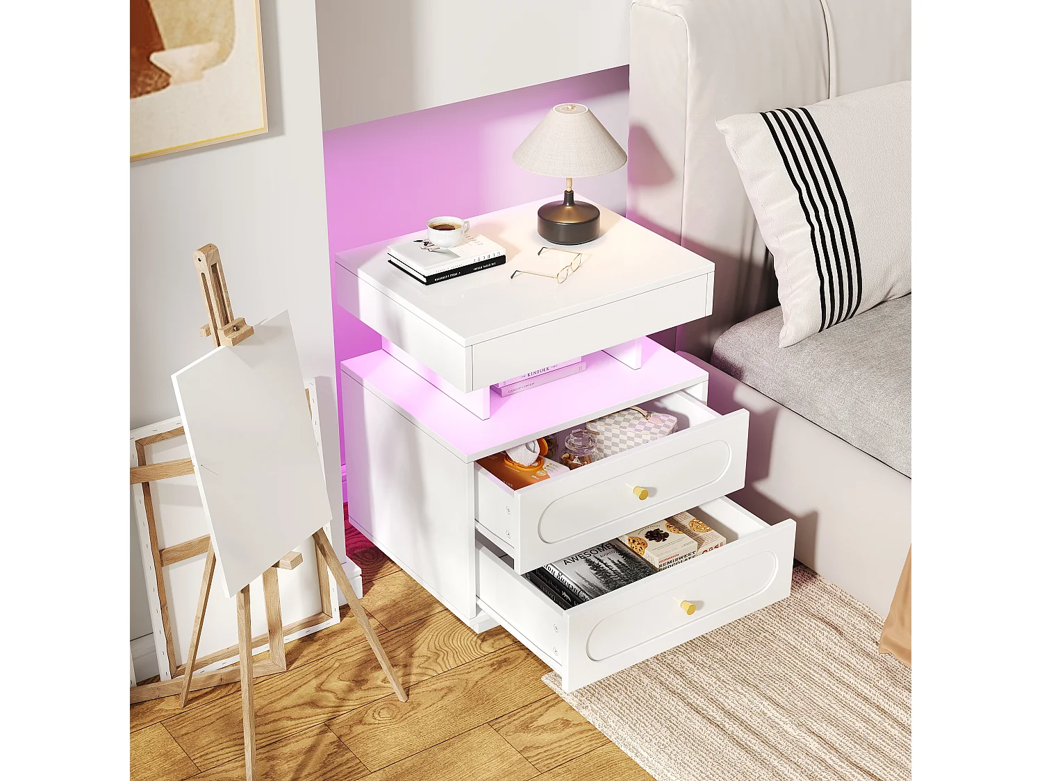 Table de chevet 50x40x60cm - avec éclairage LED - avec 2 tiroirs et 1 espace de rangement ouvert - Blanc