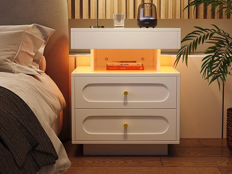 Stolik nocny 50x40x60 cm - z oświetleniem LED - z 2 szufladami i 1 otwartą przestrzenią przechowawczą - Biały