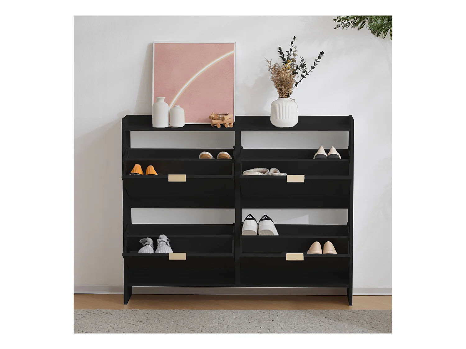 Meuble à chaussures moderne avec 4 rangement à rabat - 100 x 24 x 90 cm - aggloméré - noir