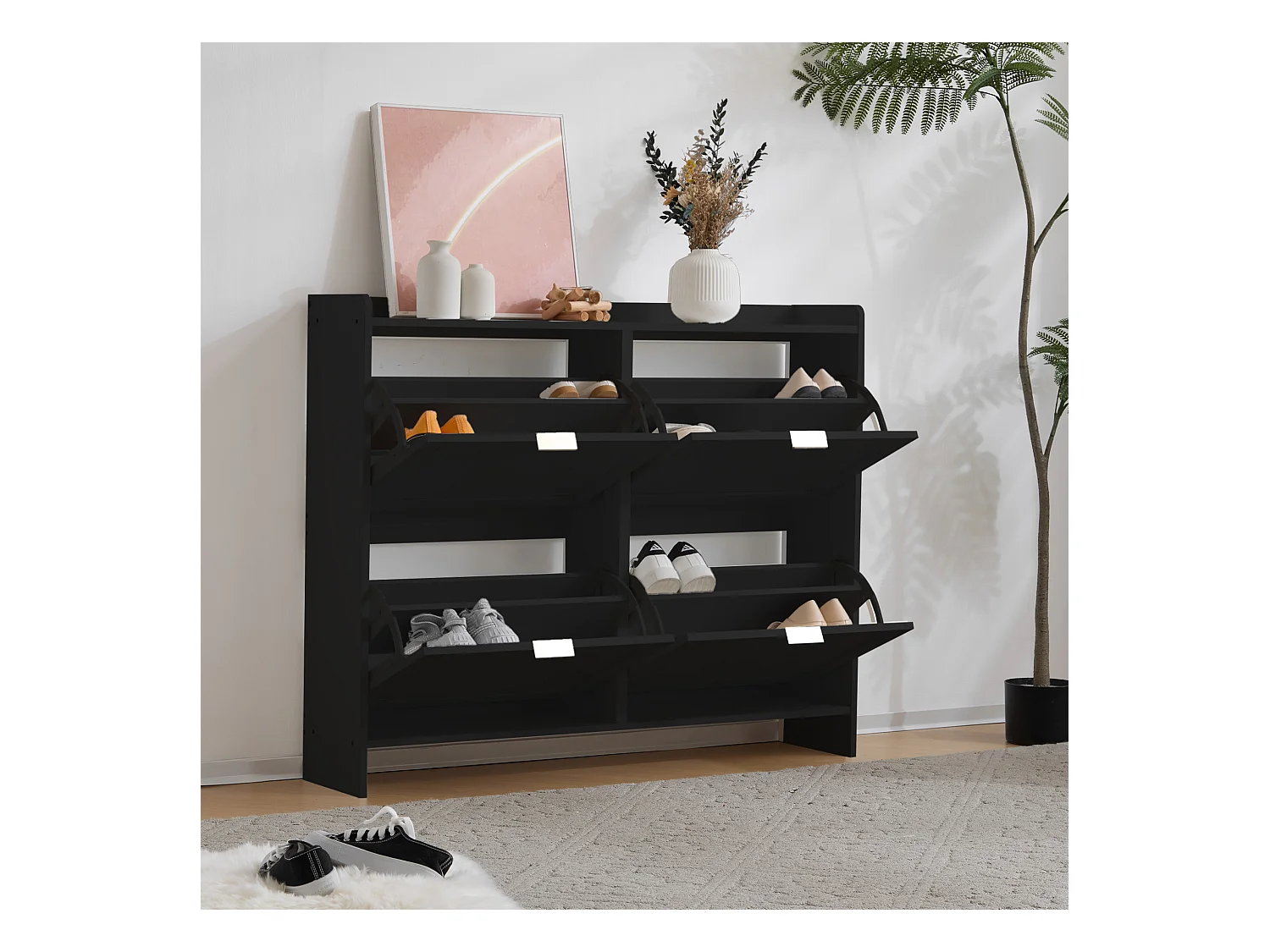 Meuble à chaussures moderne avec 4 rangement à rabat - 100 x 24 x 90 cm - aggloméré - noir