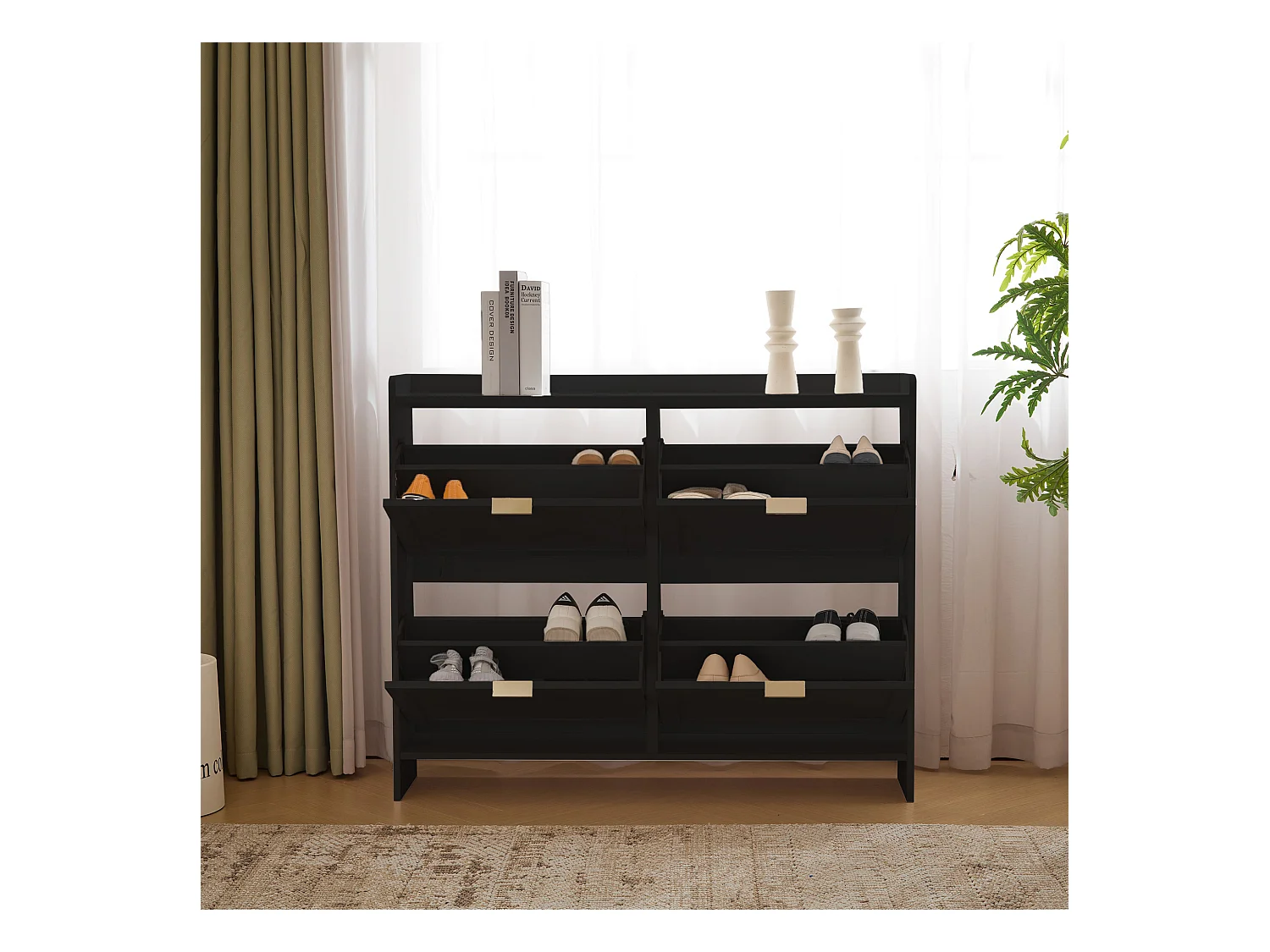 Meuble à chaussures moderne avec 4 rangement à rabat - 100 x 24 x 90 cm - aggloméré - noir