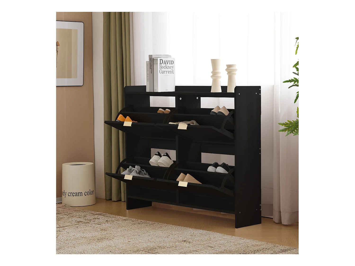 Meuble à chaussures moderne avec 4 rangement à rabat - 100 x 24 x 90 cm - aggloméré - noir