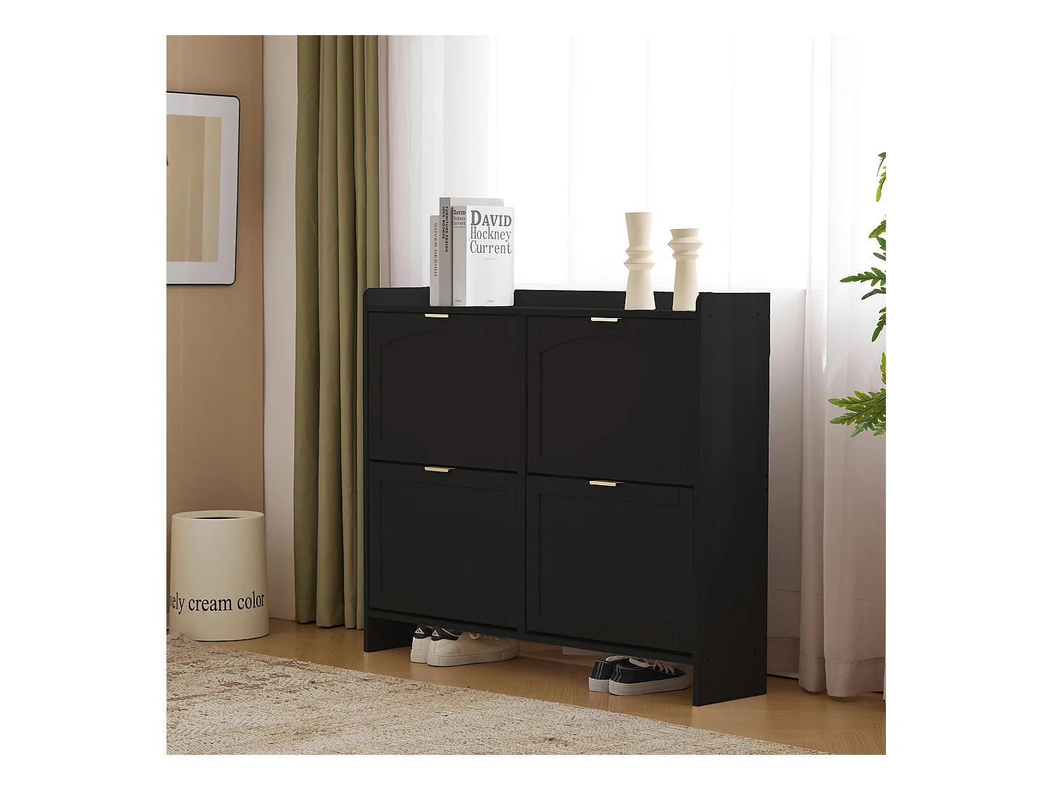 Meuble à chaussures moderne avec 4 rangement à rabat - 100 x 24 x 90 cm - aggloméré - noir