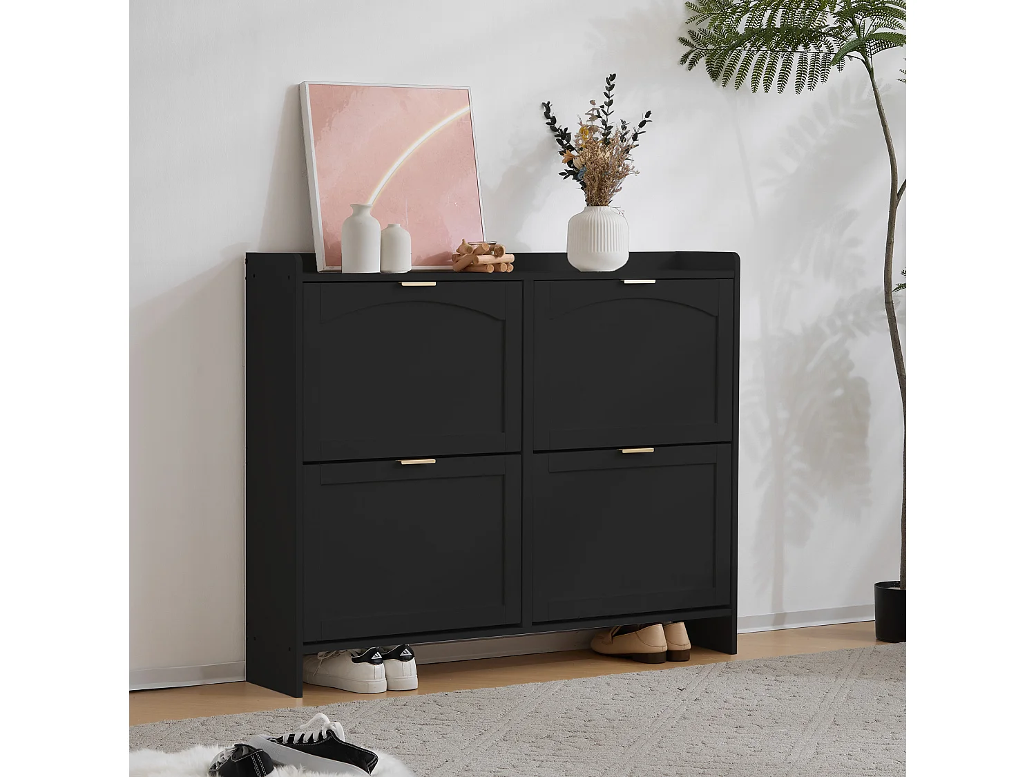 Meuble à chaussures moderne avec 4 rangement à rabat - 100 x 24 x 90 cm - aggloméré - noir
