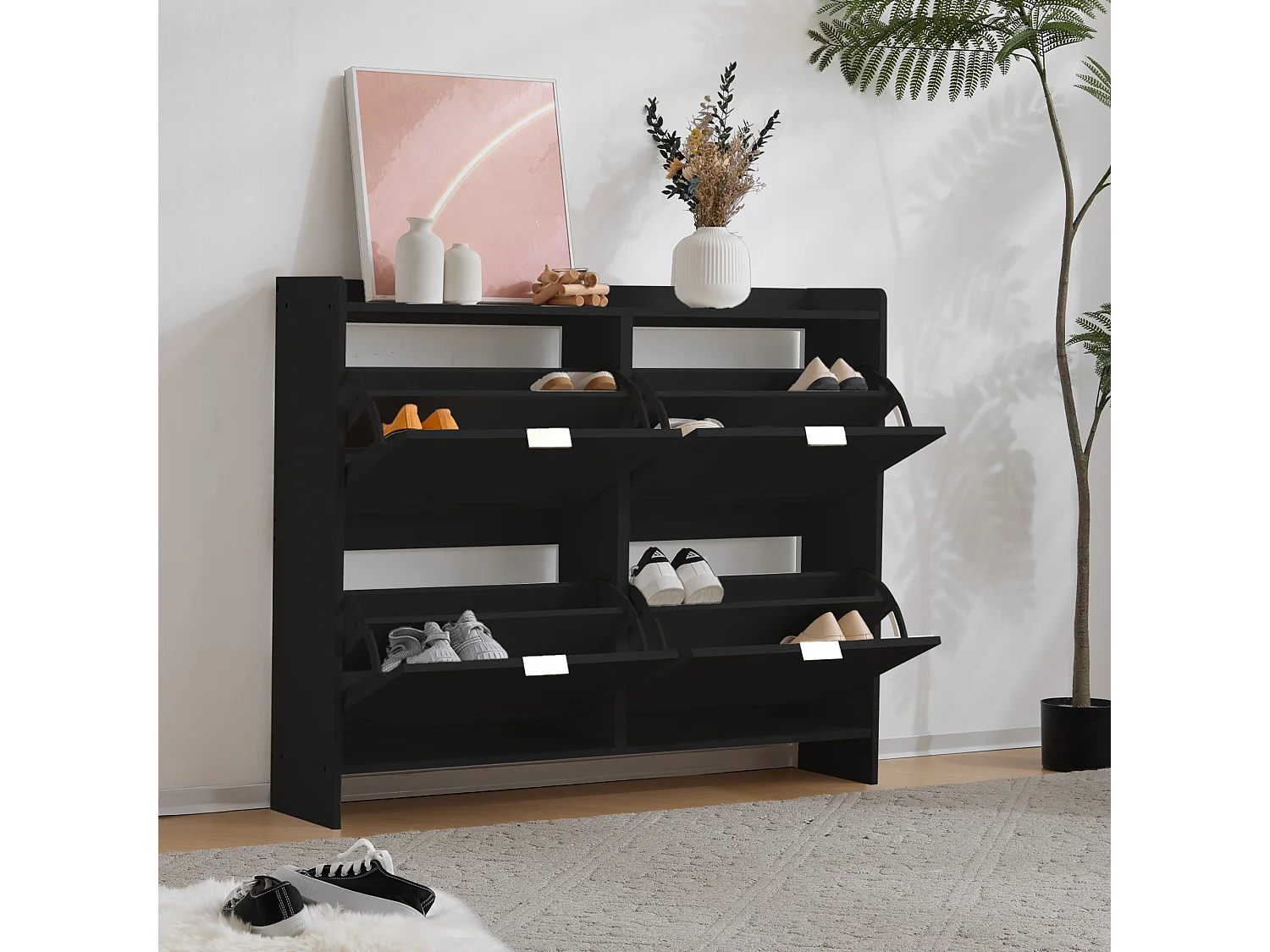 Meuble à chaussures moderne avec 4 rangement à rabat - 100 x 24 x 90 cm - aggloméré - noir