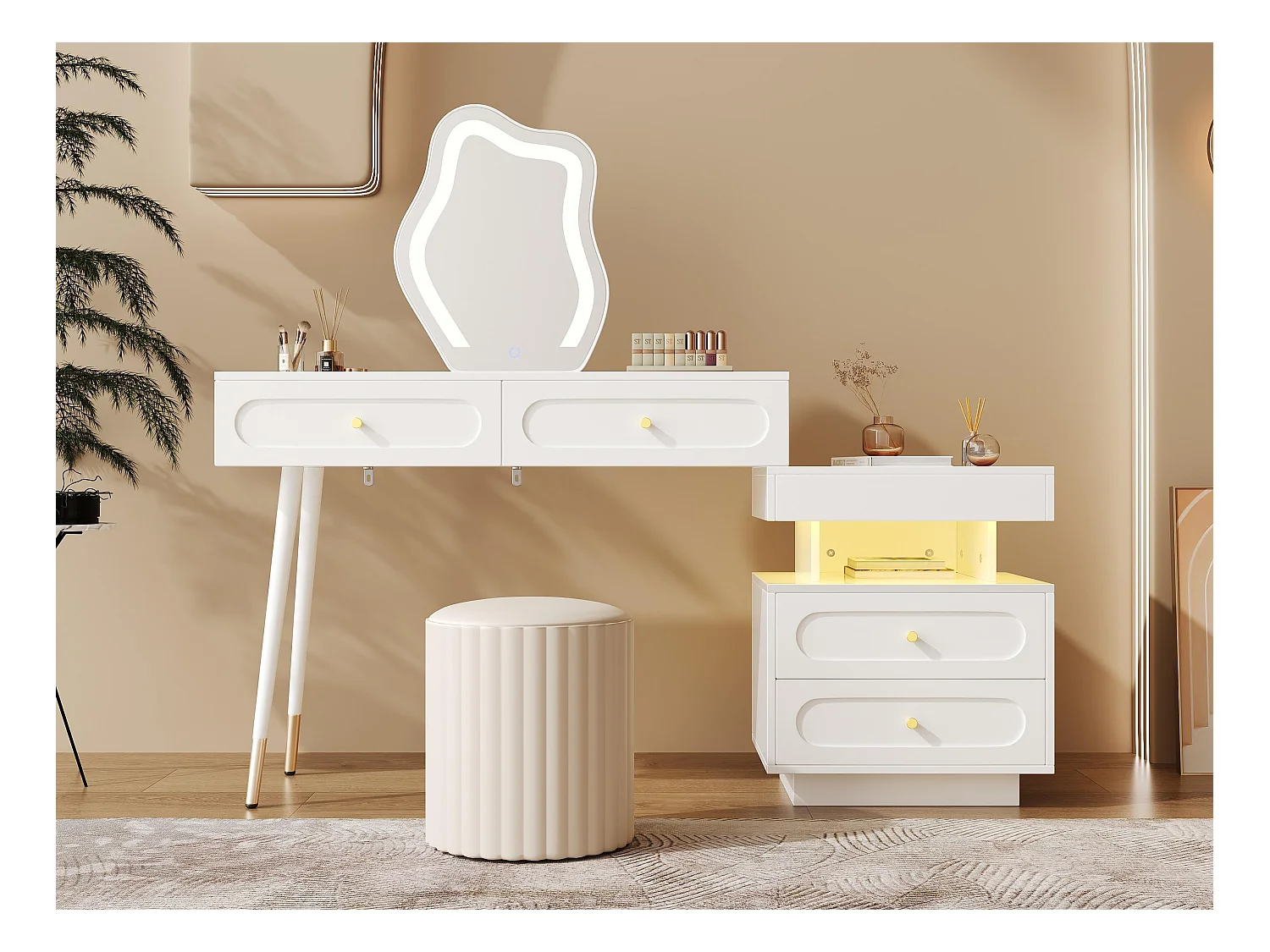 Coiffeuse avec miroir 140x40x130cm - avec éclairage LED - avec 4 tiroirs et 1 compartiment de rangement ouvert - Blanc（Sans tabouret）