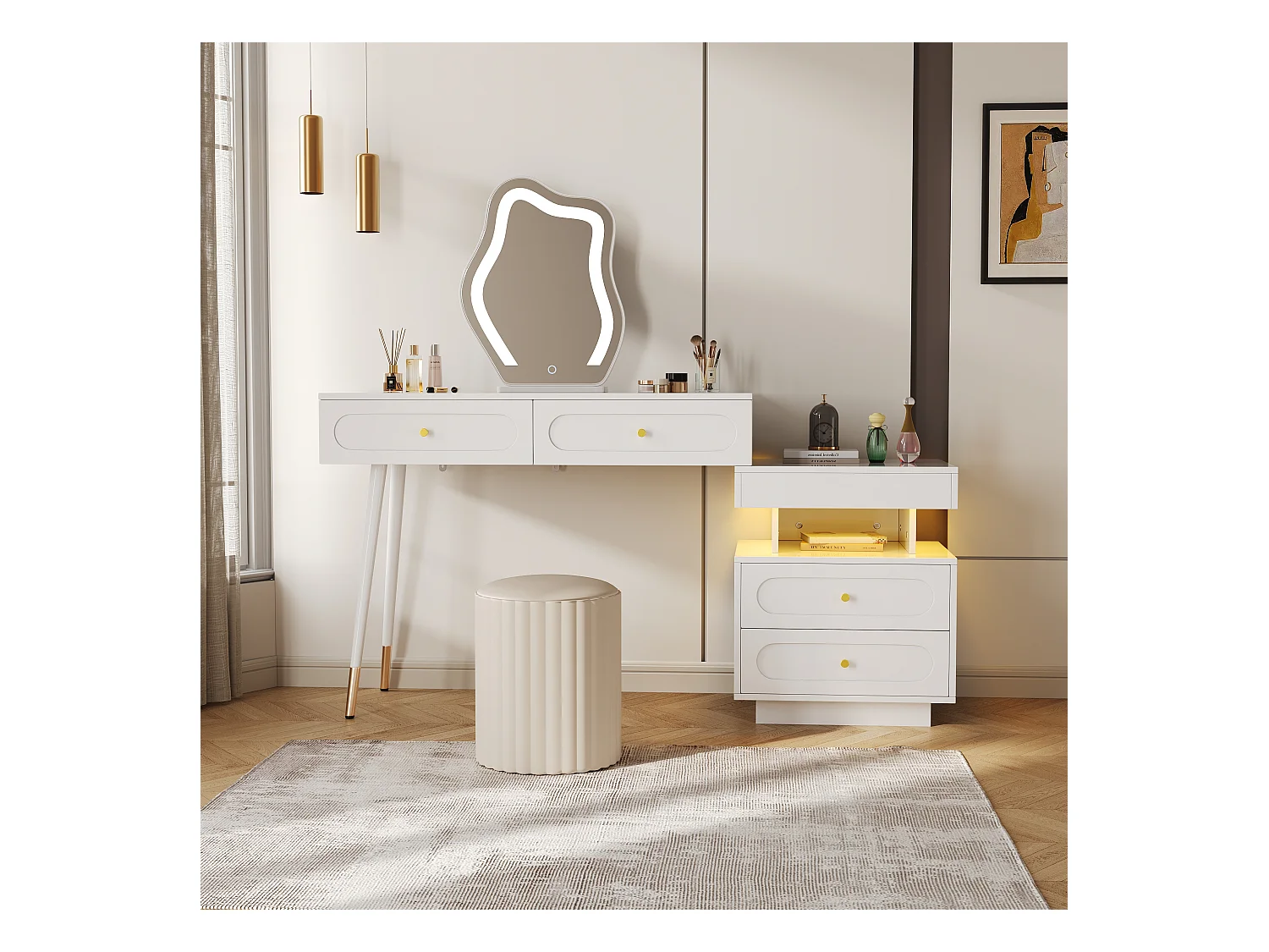 Coiffeuse avec miroir 140x40x130cm - avec éclairage LED - avec 4 tiroirs et 1 compartiment de rangement ouvert - Blanc（Sans tabouret）