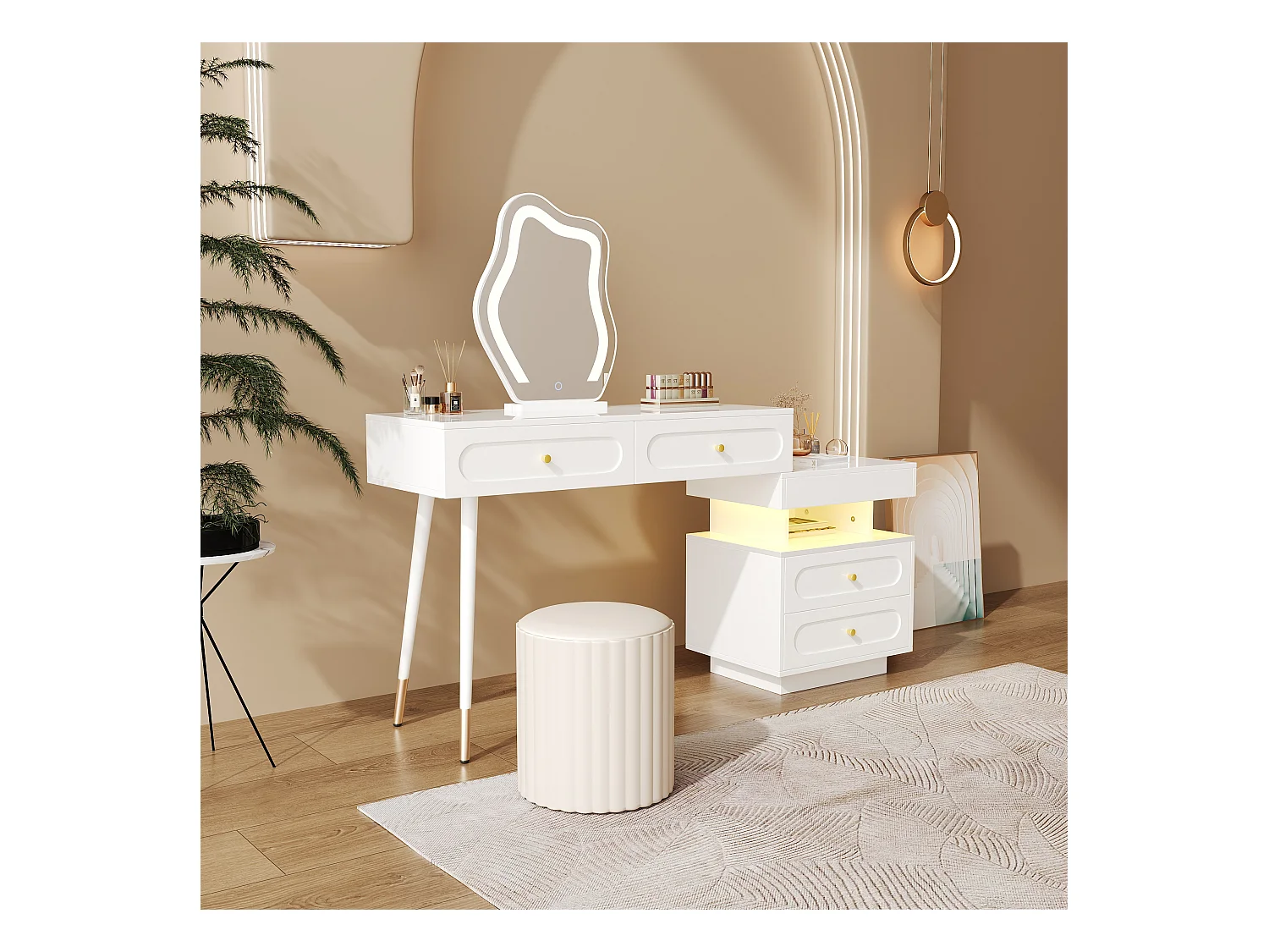 Coiffeuse avec miroir 140x40x130cm - avec éclairage LED - avec 4 tiroirs et 1 compartiment de rangement ouvert - Blanc（Sans tabouret）