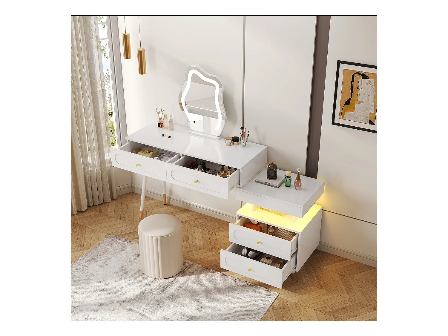 Coiffeuse avec miroir 140x40x130cm - avec éclairage LED - avec 4 tiroirs et 1 compartiment de rangement ouvert - Blanc（Sans tabouret）