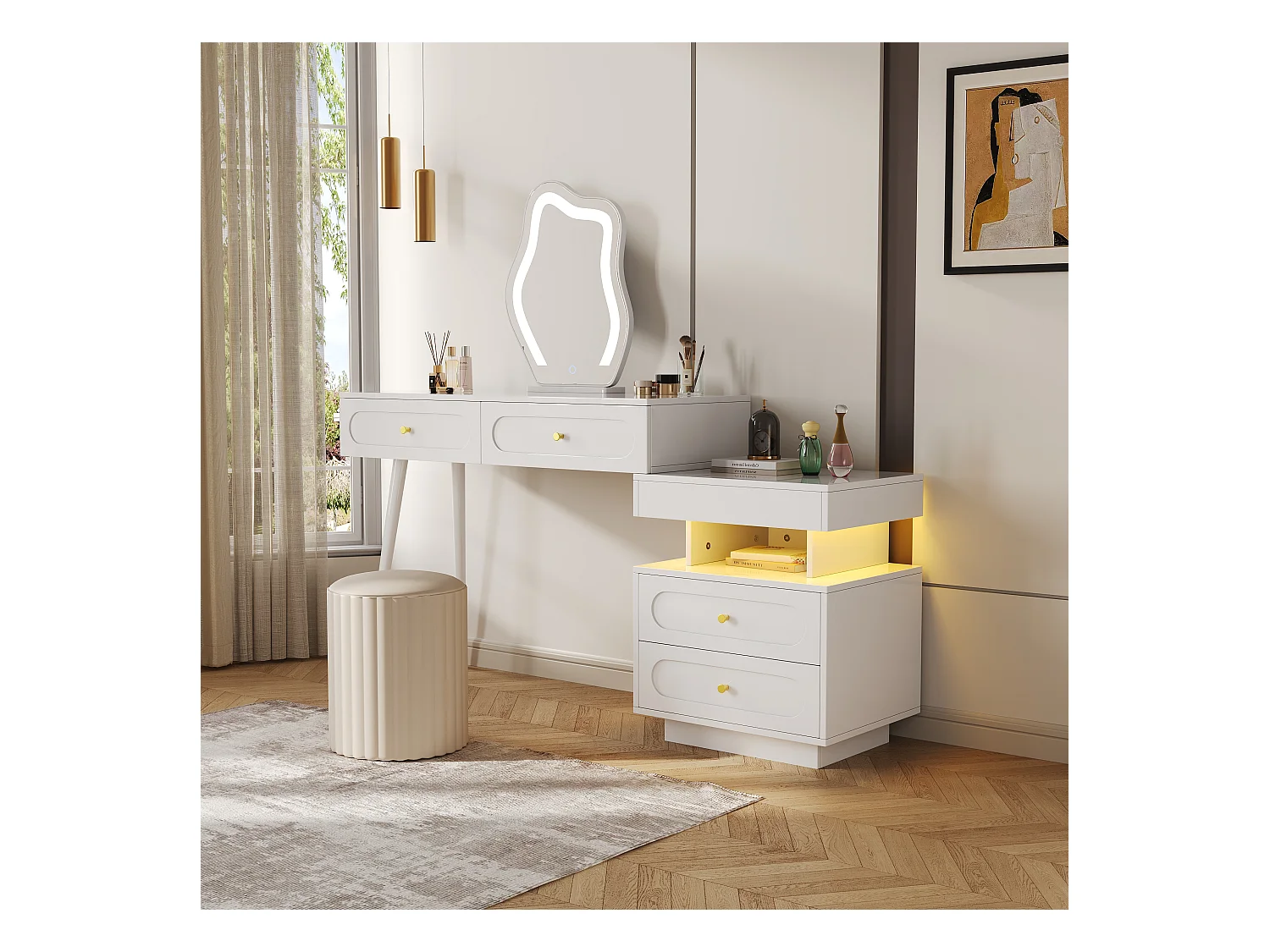 Coiffeuse avec miroir 140x40x130cm - avec éclairage LED - avec 4 tiroirs et 1 compartiment de rangement ouvert - Blanc（Sans tabouret）