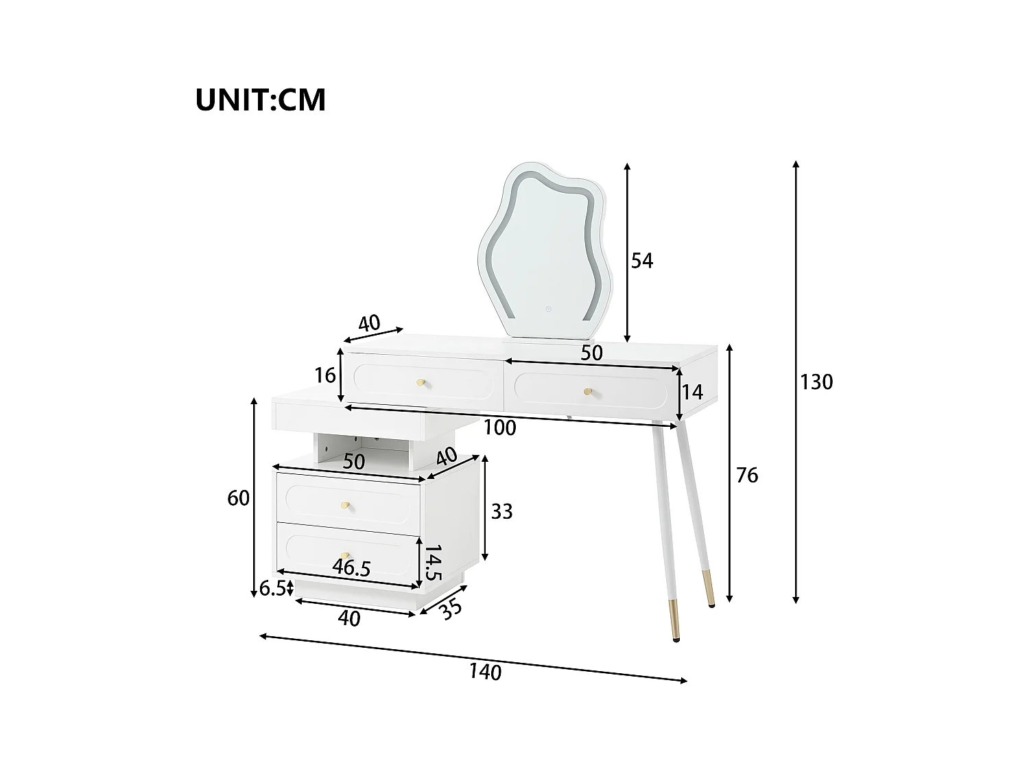 Coiffeuse avec miroir 140x40x130cm - avec éclairage LED - avec 4 tiroirs et 1 compartiment de rangement ouvert - Blanc（Sans tabouret）