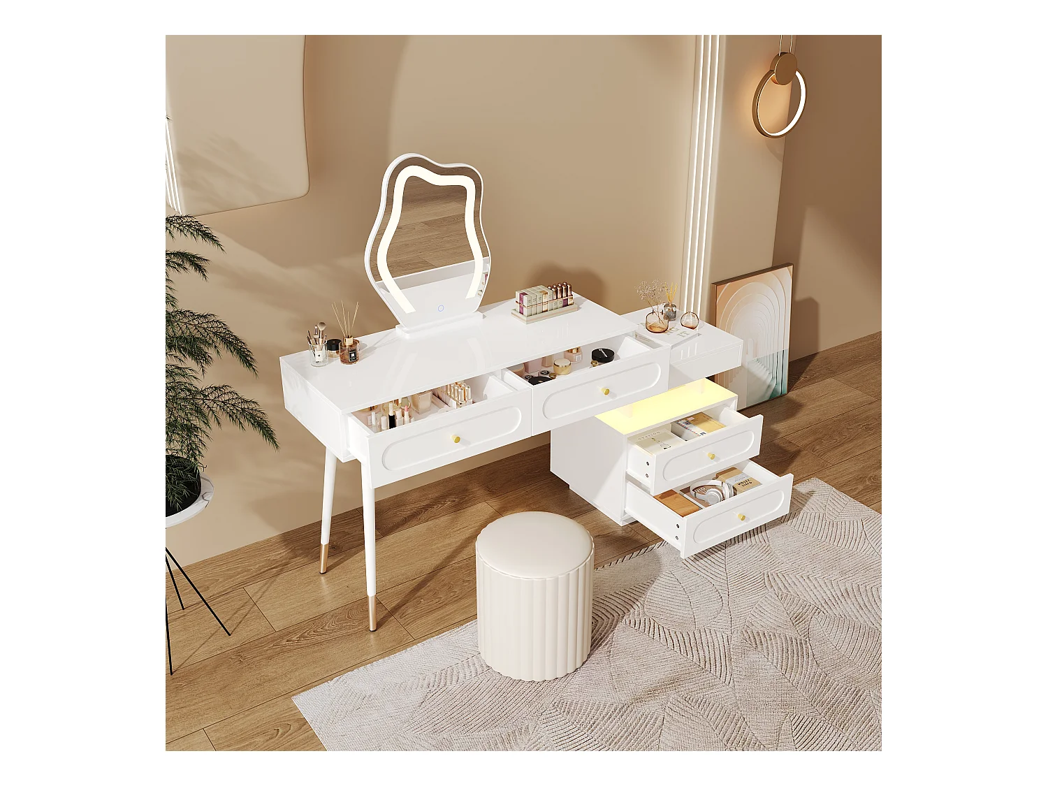 Coiffeuse avec miroir 140x40x130cm - avec éclairage LED - avec 4 tiroirs et 1 compartiment de rangement ouvert - Blanc（Sans tabouret）