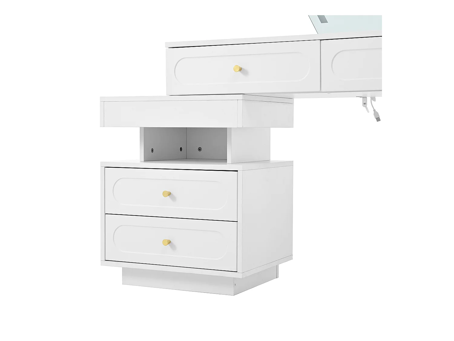 Coiffeuse avec miroir 140x40x130cm - avec éclairage LED - avec 4 tiroirs et 1 compartiment de rangement ouvert - Blanc（Sans tabouret）