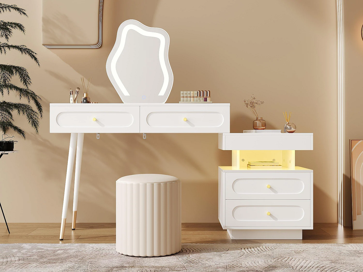 Coiffeuse avec miroir 140x40x130cm - avec éclairage LED - avec 4 tiroirs et 1 compartiment de rangement ouvert - Blanc（Sans tabouret）