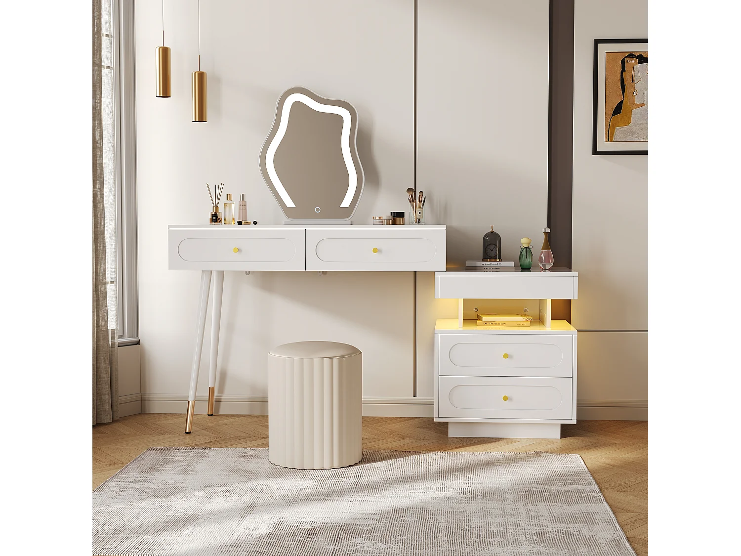 Coiffeuse avec miroir 140x40x130cm - avec éclairage LED - avec 4 tiroirs et 1 compartiment de rangement ouvert - Blanc（Sans tabouret）