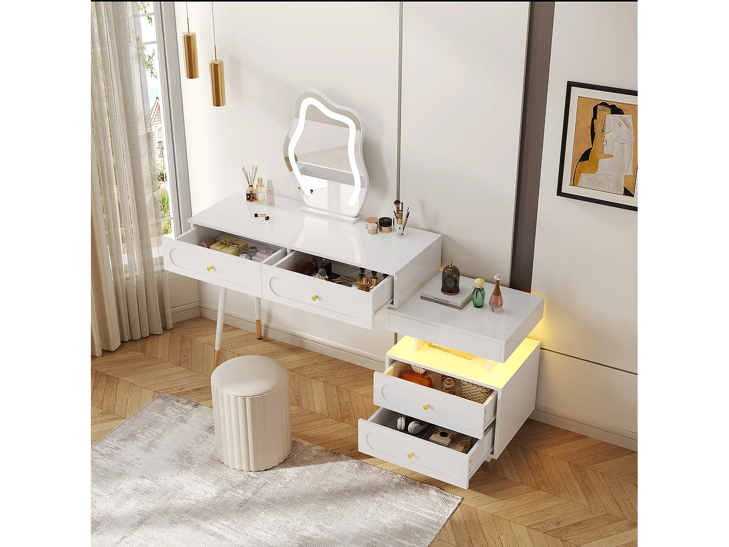 Coiffeuse avec miroir 140x40x130cm - avec éclairage LED - avec 4 tiroirs et 1 compartiment de rangement ouvert - Blanc（Sans tabouret）