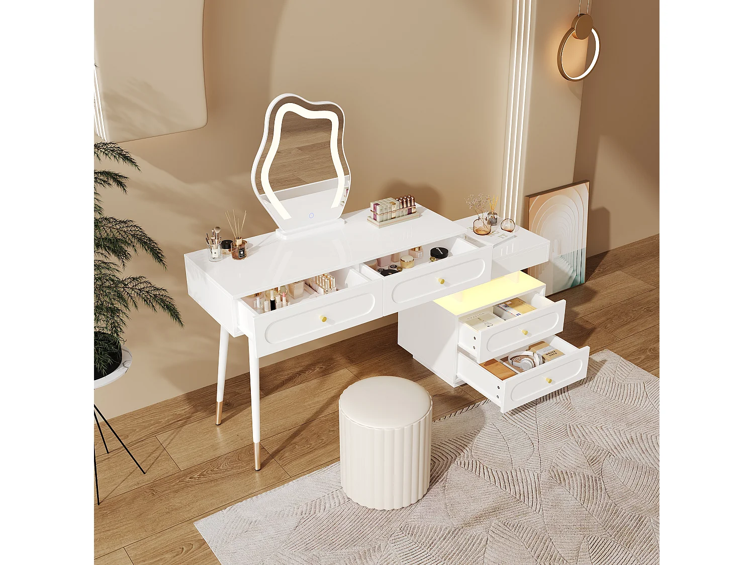 Coiffeuse avec miroir 140x40x130cm - avec éclairage LED - avec 4 tiroirs et 1 compartiment de rangement ouvert - Blanc（Sans tabouret）