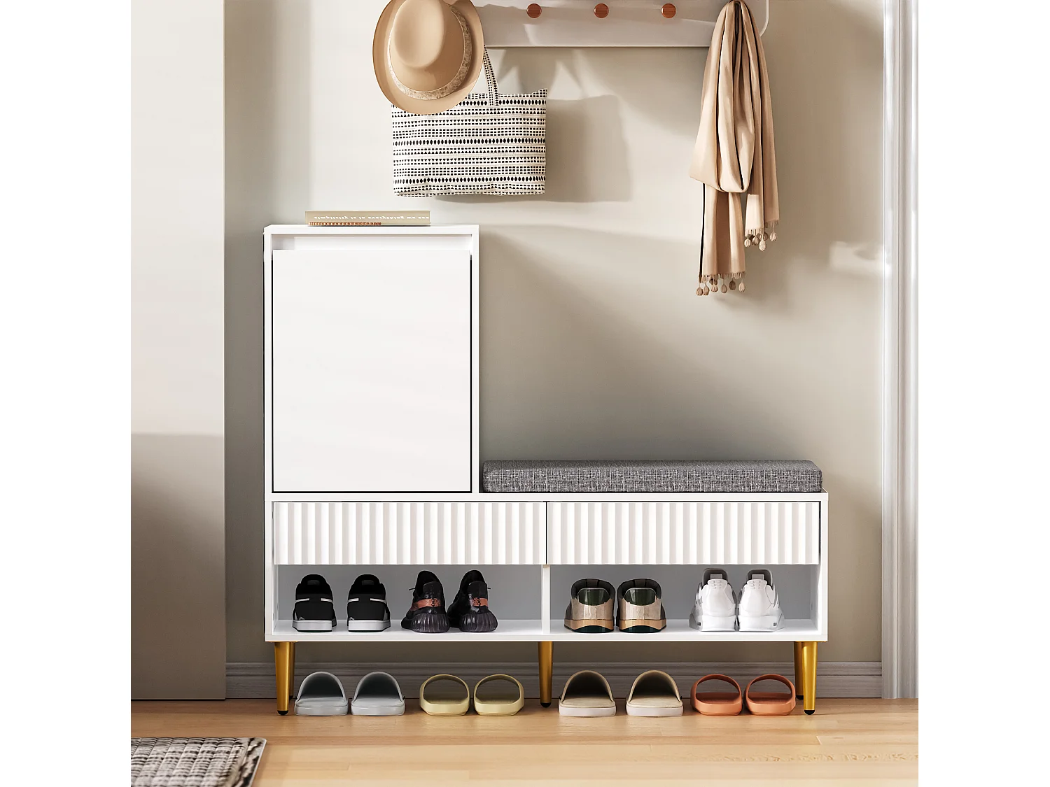 Meuble à chaussures avec banc + 1 porte + 2 tiroirs + 2 étagères ouvertes - 100 x 35 x 90 cm - aggloméré - blanc