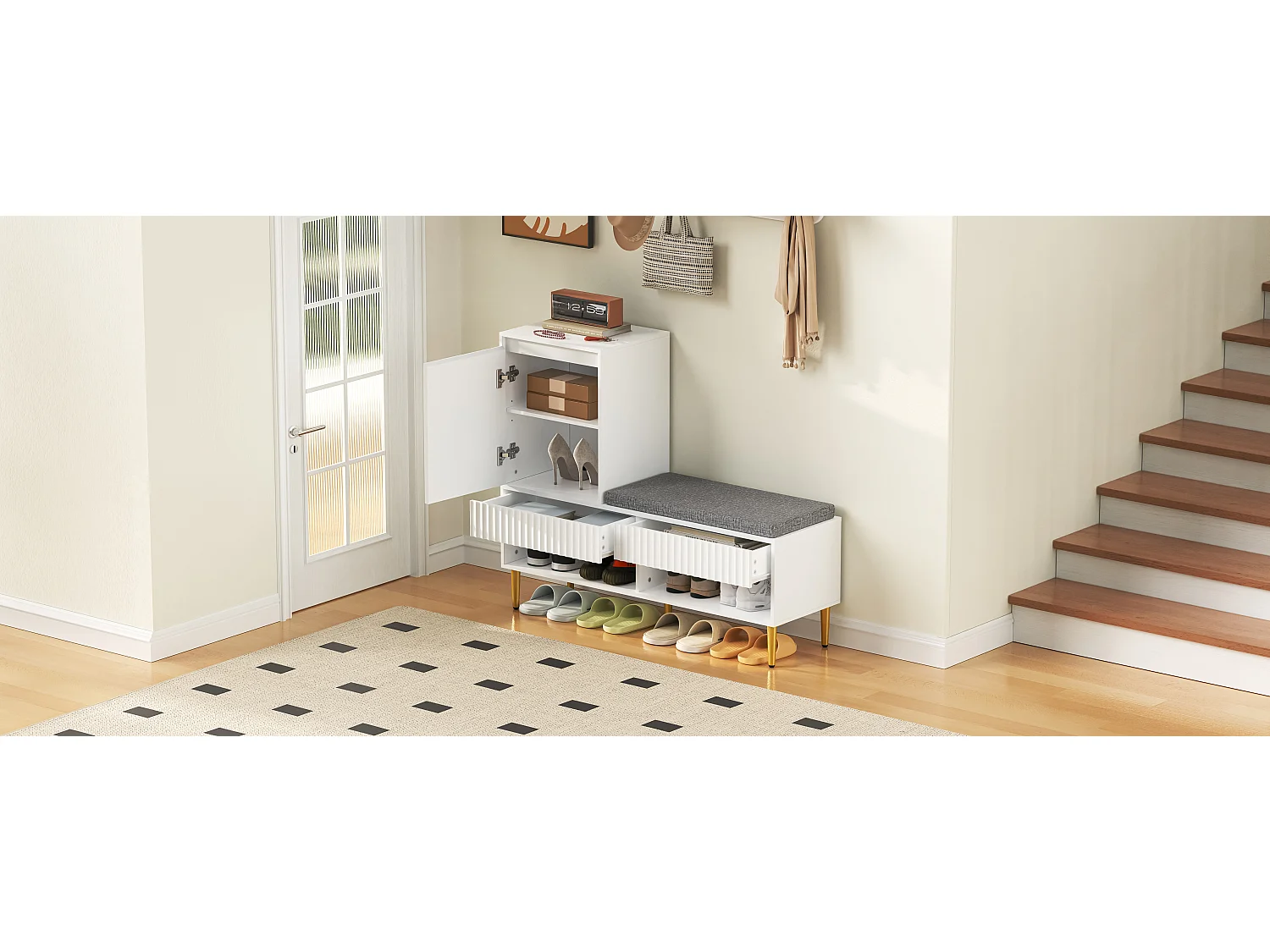 Meuble à chaussures avec banc + 1 porte + 2 tiroirs + 2 étagères ouvertes - 100 x 35 x 90 cm - aggloméré - blanc