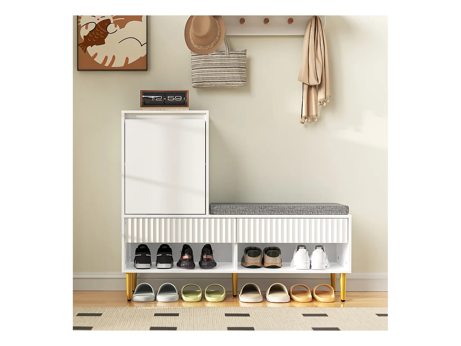 Meuble à chaussures avec banc + 1 porte + 2 tiroirs + 2 étagères ouvertes - 100 x 35 x 90 cm - aggloméré - blanc