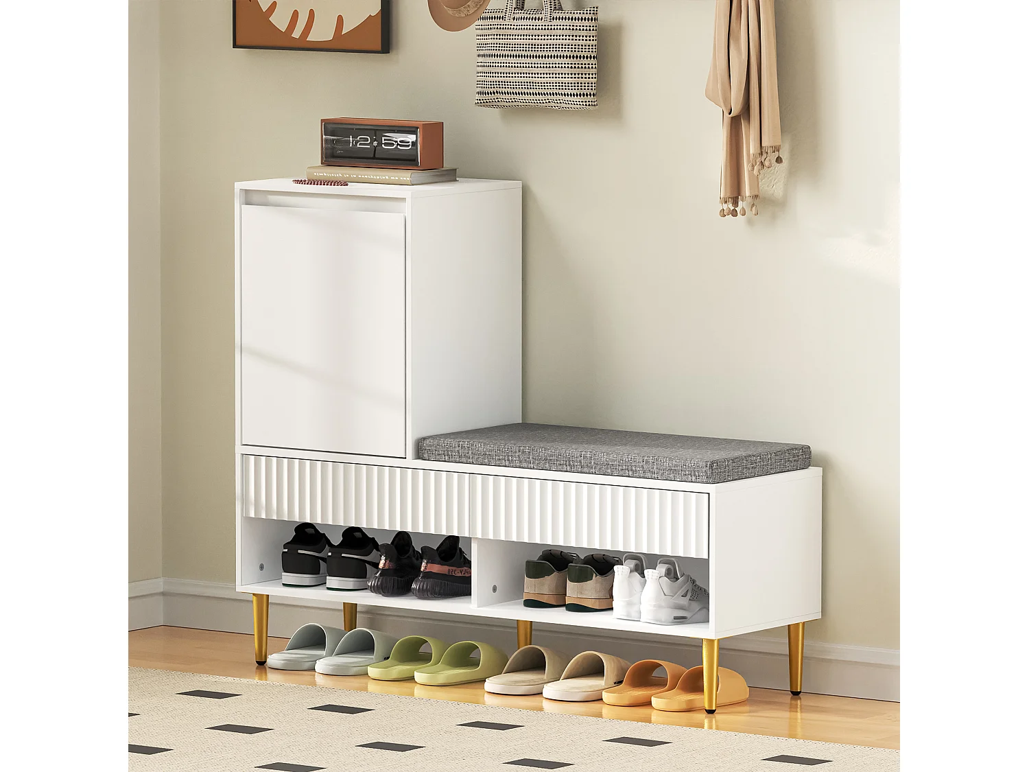 Meuble à chaussures avec banc + 1 porte + 2 tiroirs + 2 étagères ouvertes - 100 x 35 x 90 cm - aggloméré - blanc