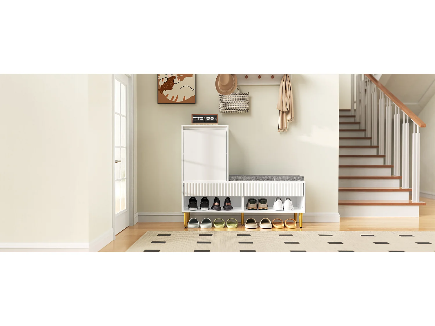 Meuble à chaussures avec banc + 1 porte + 2 tiroirs + 2 étagères ouvertes - 100 x 35 x 90 cm - aggloméré - blanc