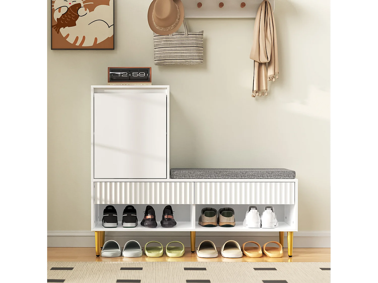 Meuble à chaussures avec banc + 1 porte + 2 tiroirs + 2 étagères ouvertes - 100 x 35 x 90 cm - aggloméré - blanc