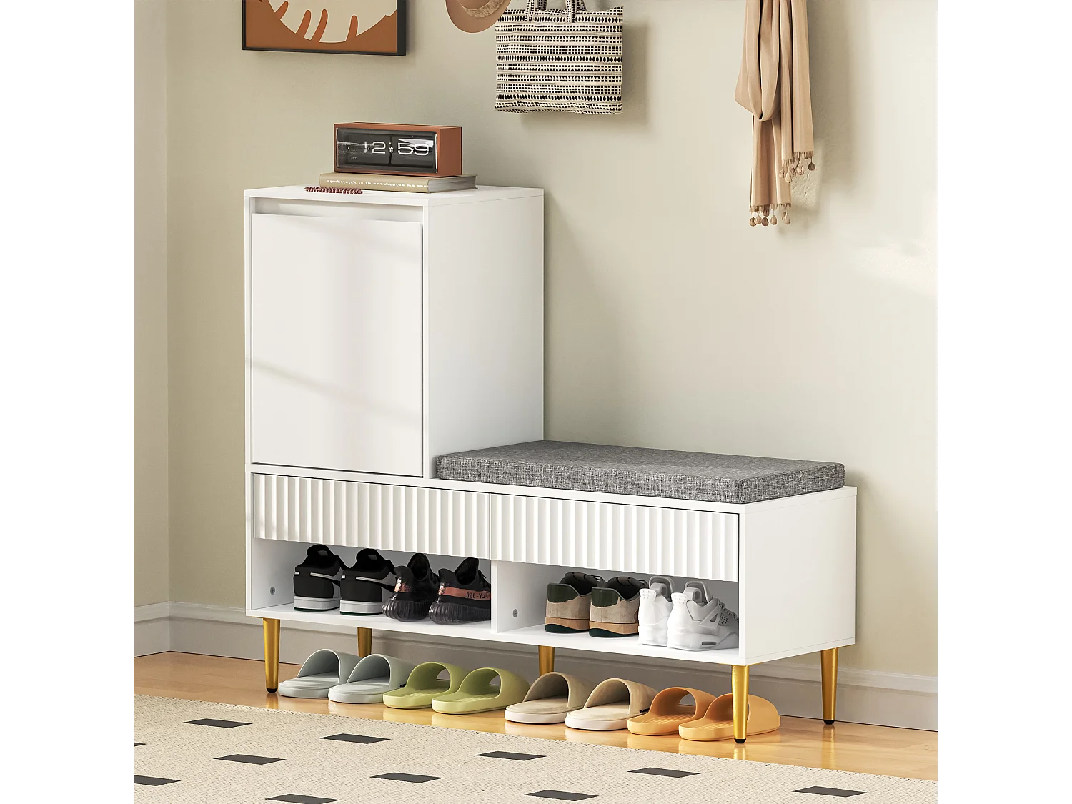 Meuble à chaussures avec banc + 1 porte + 2 tiroirs + 2 étagères ouvertes - 100 x 35 x 90 cm - aggloméré - blanc