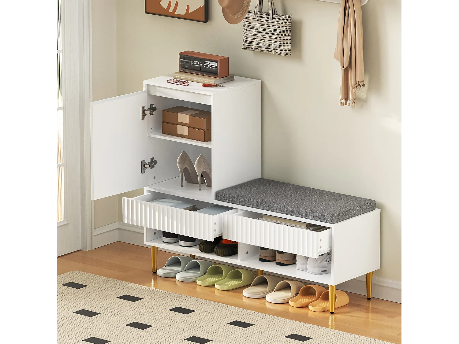 Meuble à chaussures avec banc + 1 porte + 2 tiroirs + 2 étagères ouvertes - 100 x 35 x 90 cm - aggloméré - blanc