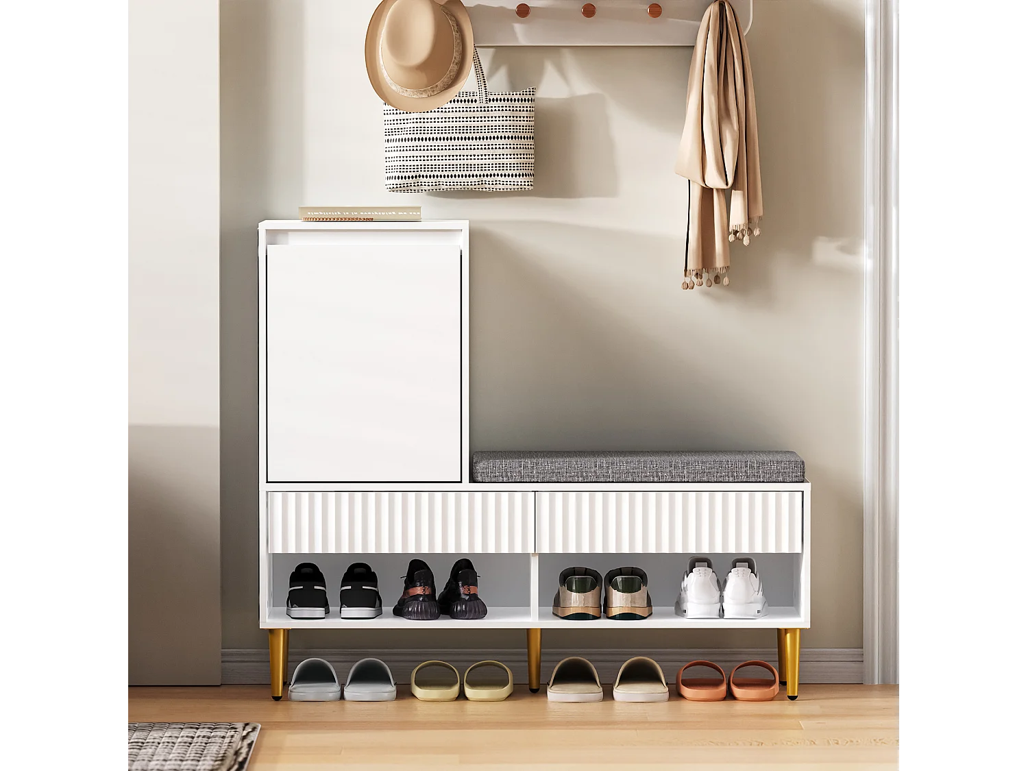 Meuble à chaussures avec banc + 1 porte + 2 tiroirs + 2 étagères ouvertes - 100 x 35 x 90 cm - aggloméré - blanc