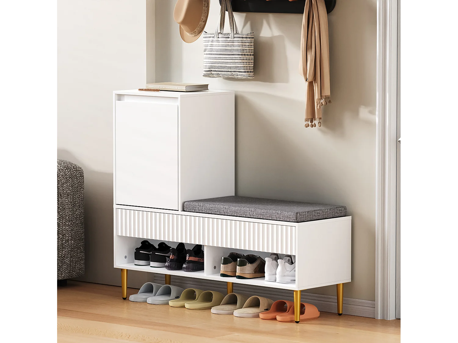 Meuble à chaussures avec banc + 1 porte + 2 tiroirs + 2 étagères ouvertes - 100 x 35 x 90 cm - aggloméré - blanc