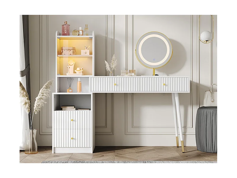 Kosmetiktisch mit Spiegel 100x40x125 cm - mit einstellbarer LED-Beleuchtung - mit 4 Schubladen und 1 Glastür - 1 offenes Ablagefach - Weiß