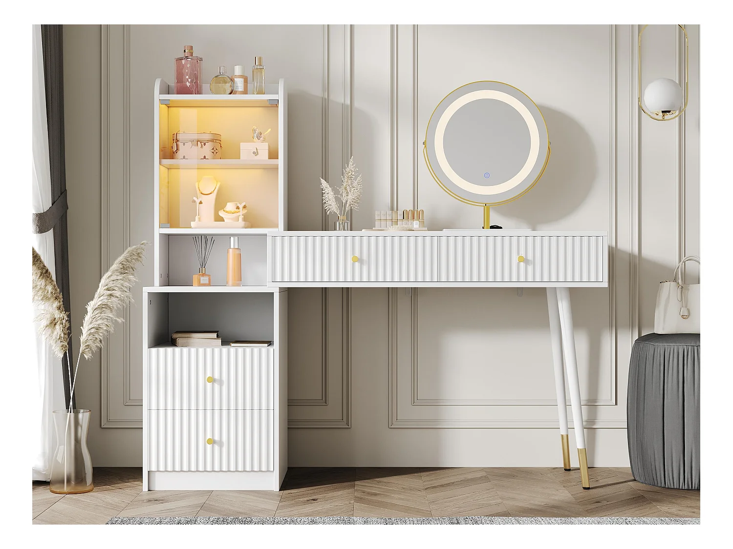 Coiffeuse avec miroir 100x40x125cm - avec LED réglable - avec 4 tiroirs et 1 porte vitrée - 1 compartiment de rangement ouvert - Blanc