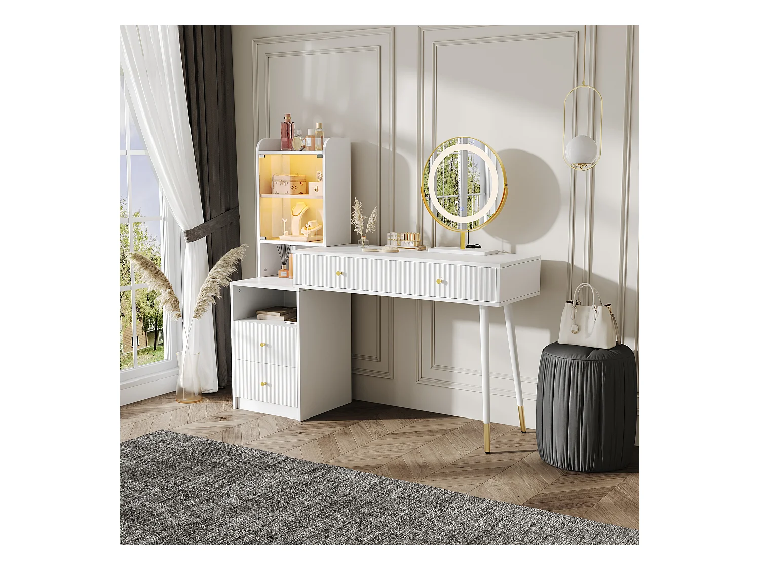 Coiffeuse avec miroir 100x40x125cm - avec LED réglable - avec 4 tiroirs et 1 porte vitrée - 1 compartiment de rangement ouvert - Blanc