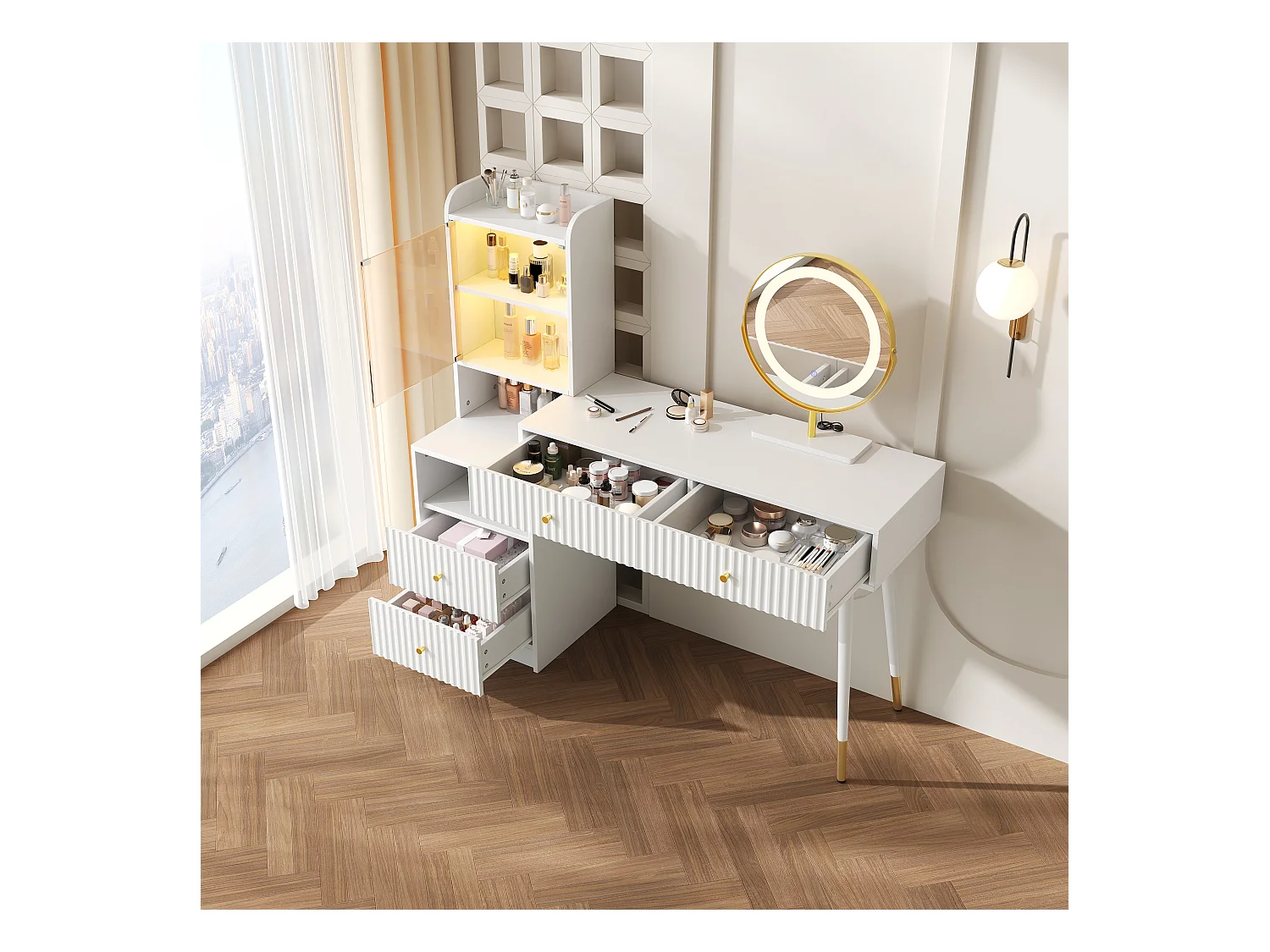 Coiffeuse avec miroir 100x40x125cm - avec LED réglable - avec 4 tiroirs et 1 porte vitrée - 1 compartiment de rangement ouvert - Blanc