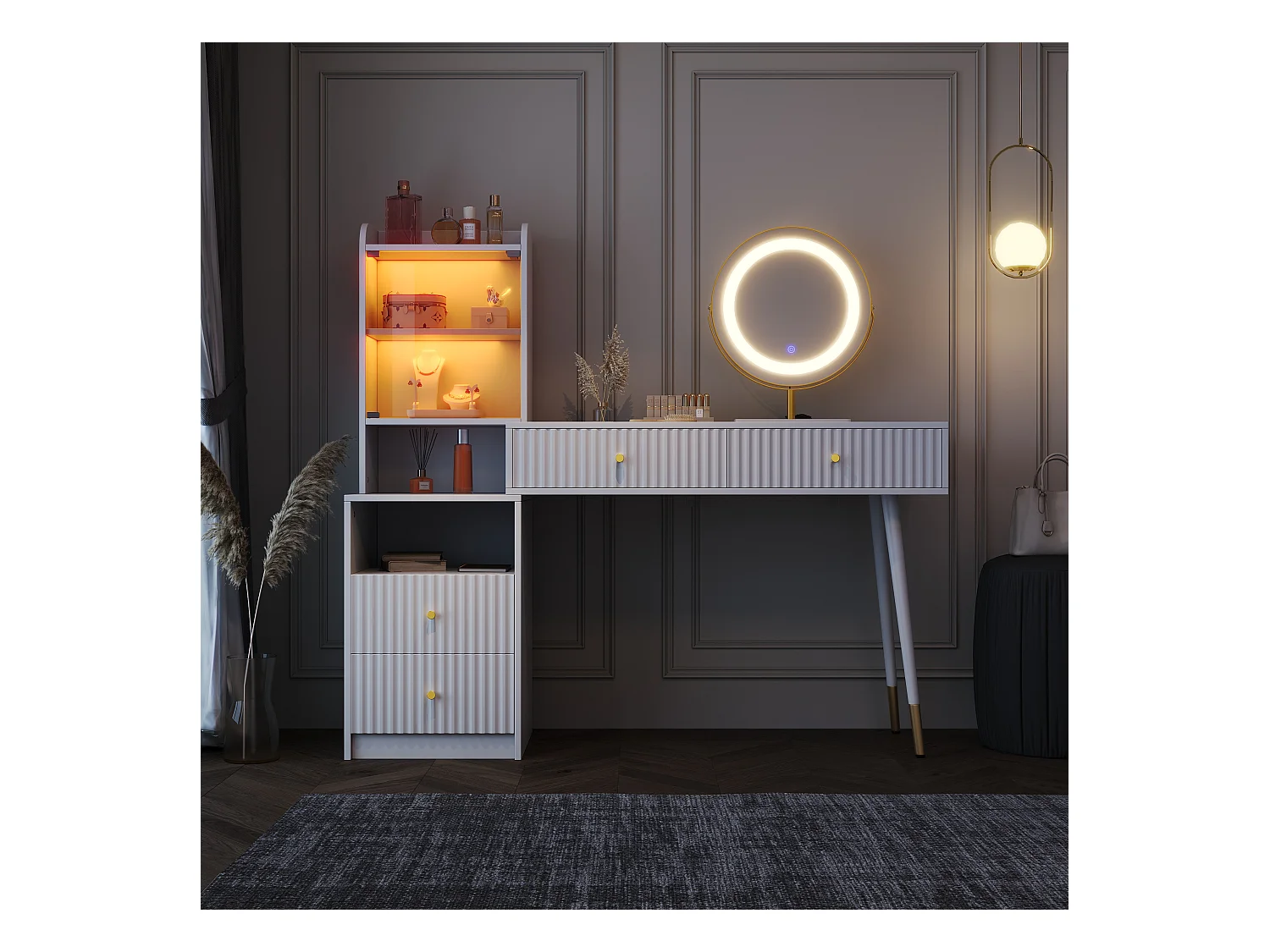 Coiffeuse avec miroir 100x40x125cm - avec LED réglable - avec 4 tiroirs et 1 porte vitrée - 1 compartiment de rangement ouvert - Blanc