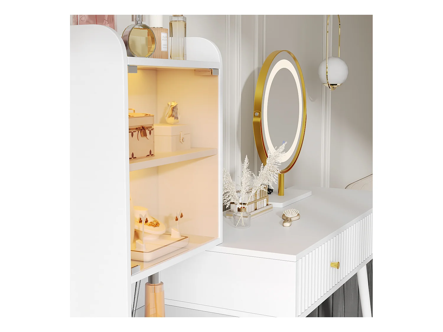 Coiffeuse avec miroir 100x40x125cm - avec LED réglable - avec 4 tiroirs et 1 porte vitrée - 1 compartiment de rangement ouvert - Blanc