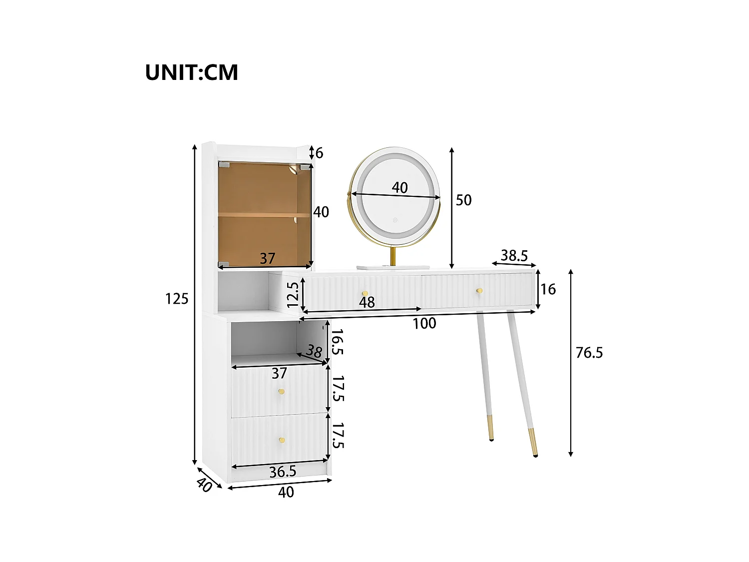 Coiffeuse avec miroir 100x40x125cm - avec LED réglable - avec 4 tiroirs et 1 porte vitrée - 1 compartiment de rangement ouvert - Blanc