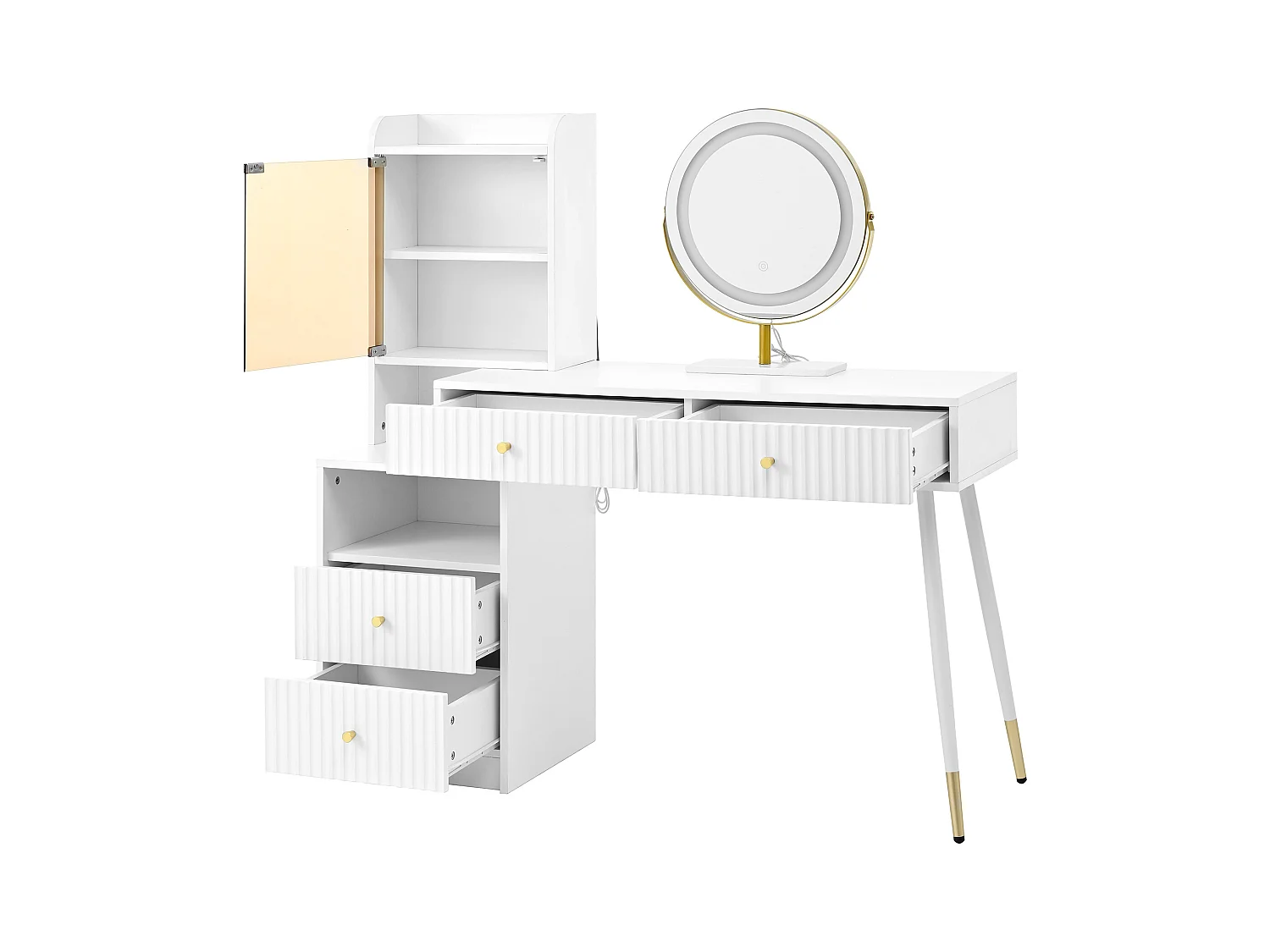 Coiffeuse avec miroir 100x40x125cm - avec LED réglable - avec 4 tiroirs et 1 porte vitrée - 1 compartiment de rangement ouvert - Blanc