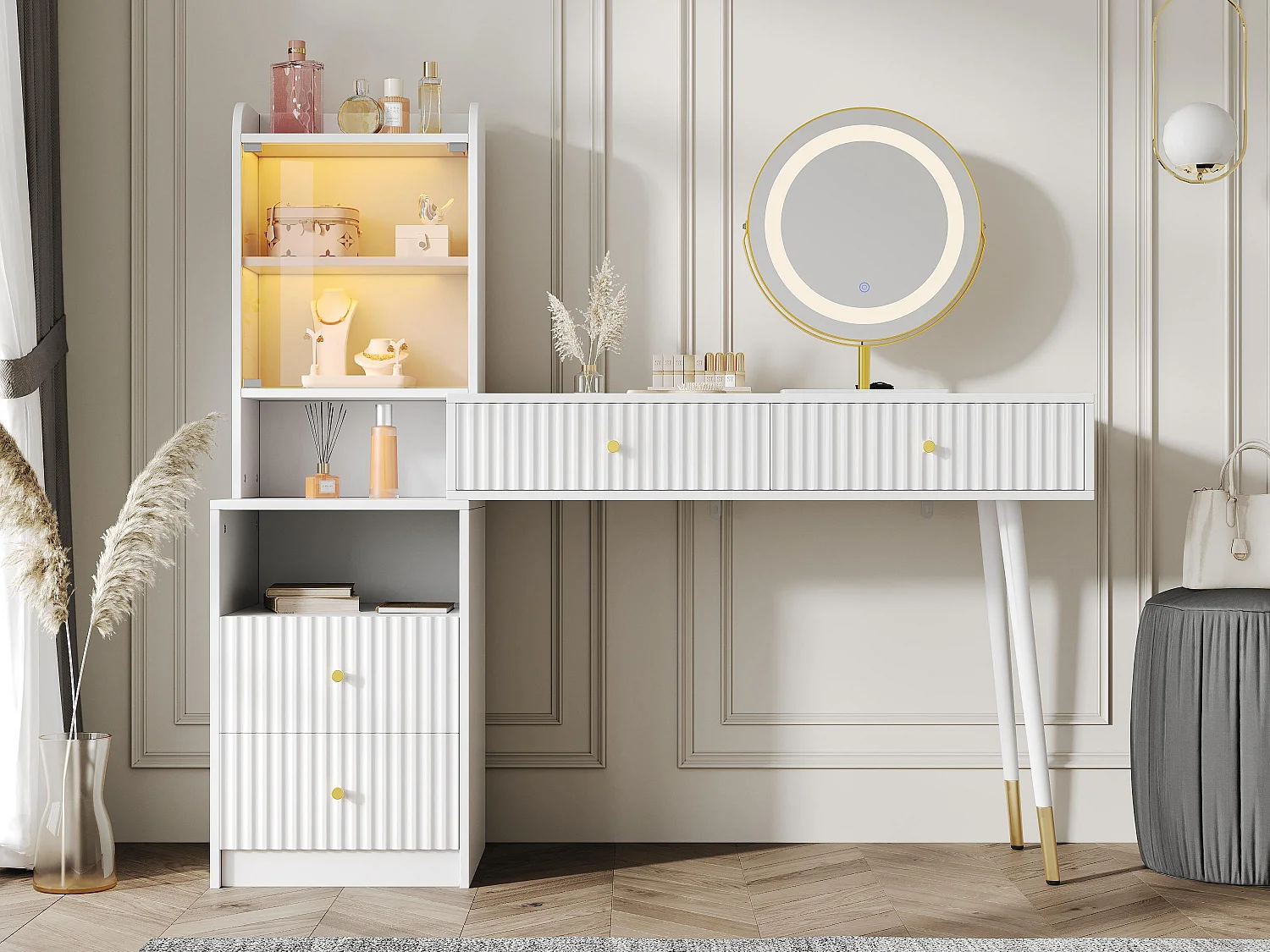 Coiffeuse avec miroir 100x40x125cm - avec LED réglable - avec 4 tiroirs et 1 porte vitrée - 1 compartiment de rangement ouvert - Blanc