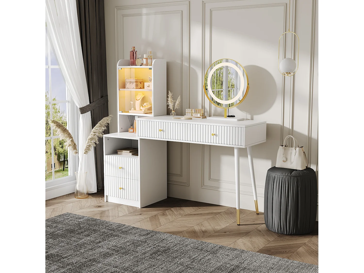 Coiffeuse avec miroir 100x40x125cm - avec LED réglable - avec 4 tiroirs et 1 porte vitrée - 1 compartiment de rangement ouvert - Blanc