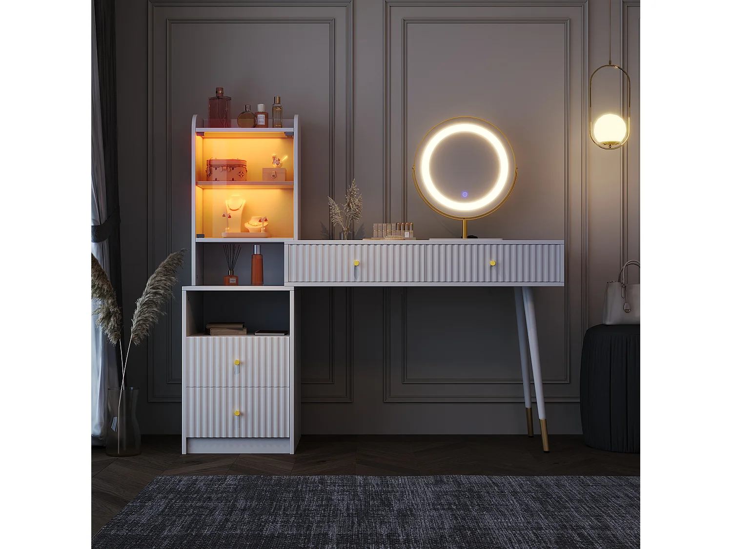 Coiffeuse avec miroir 100x40x125cm - avec LED réglable - avec 4 tiroirs et 1 porte vitrée - 1 compartiment de rangement ouvert - Blanc