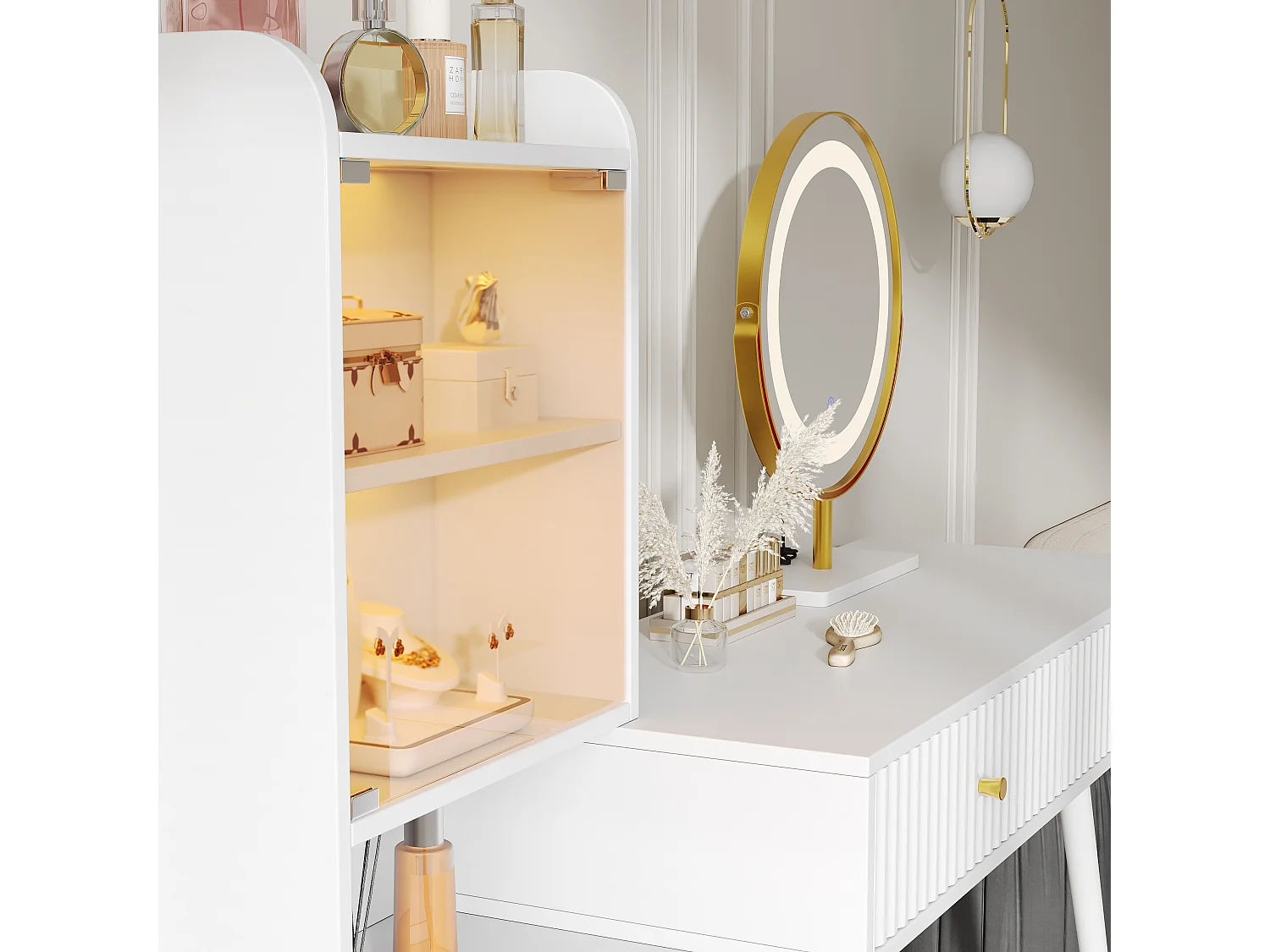 Coiffeuse avec miroir 100x40x125cm - avec LED réglable - avec 4 tiroirs et 1 porte vitrée - 1 compartiment de rangement ouvert - Blanc