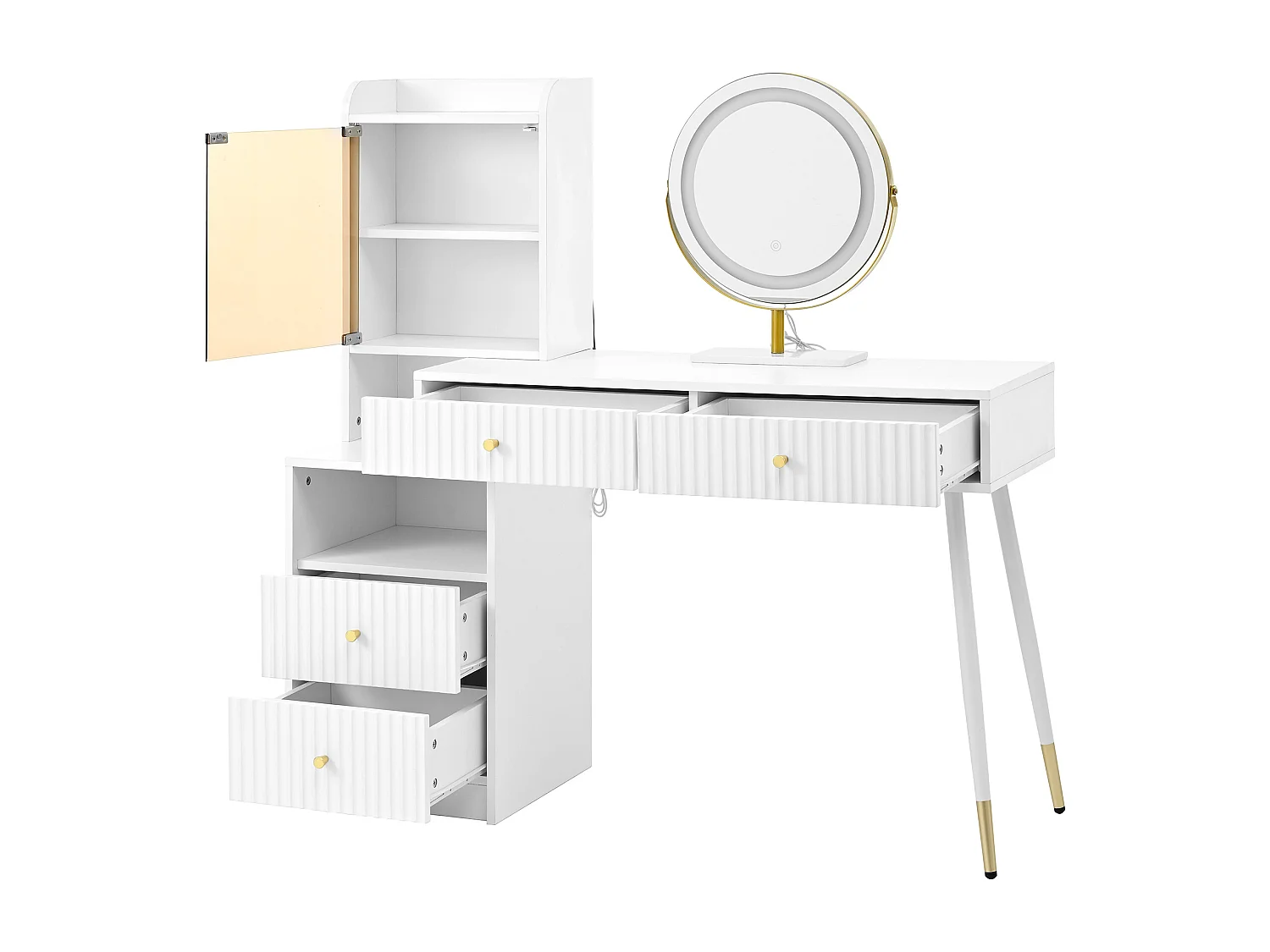 Coiffeuse avec miroir 100x40x125cm - avec LED réglable - avec 4 tiroirs et 1 porte vitrée - 1 compartiment de rangement ouvert - Blanc