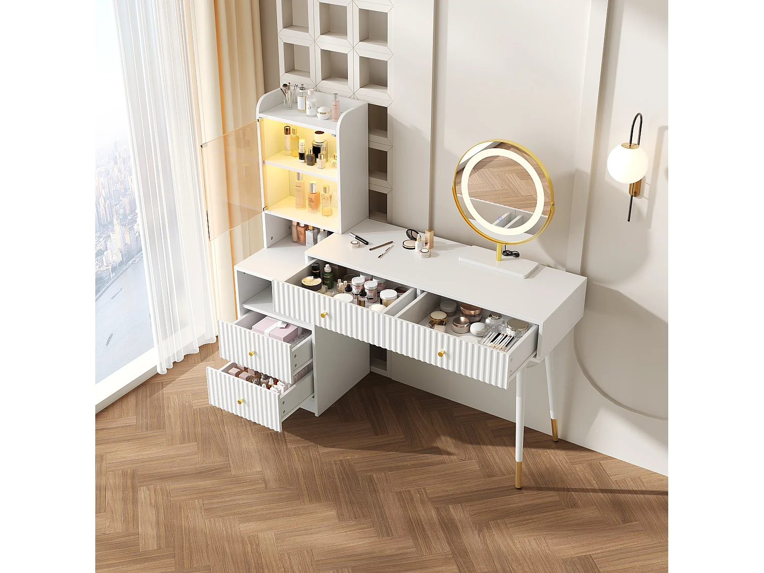 Coiffeuse avec miroir 100x40x125cm - avec LED réglable - avec 4 tiroirs et 1 porte vitrée - 1 compartiment de rangement ouvert - Blanc