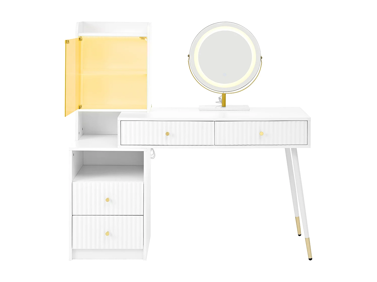 Coiffeuse avec miroir 100x40x125cm - avec LED réglable - avec 4 tiroirs et 1 porte vitrée - 1 compartiment de rangement ouvert - Blanc