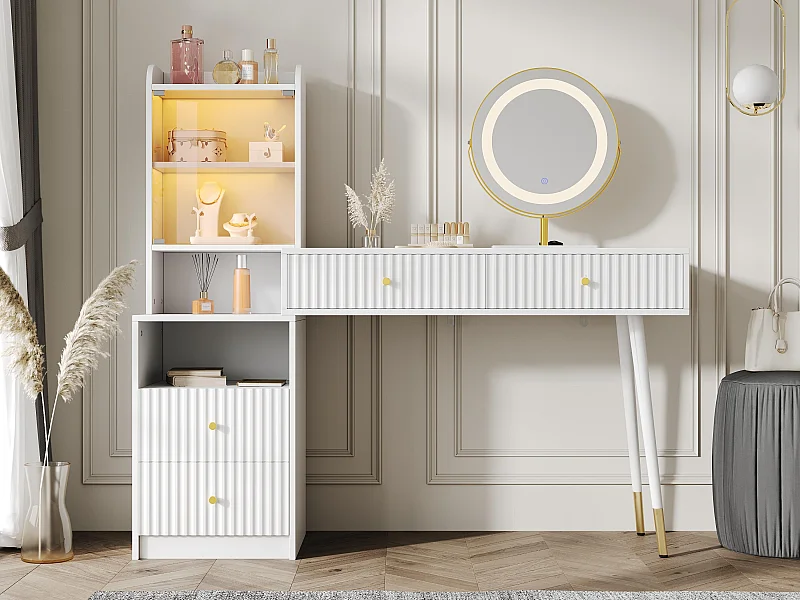Penteadeira com espelho 100x40x125 cm - com LED ajustável - com 4 gavetas e 1 porta de vidro - 1 compartimento de armazenamento aberto - Branco