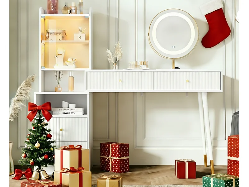 Toilette con specchio 100x40x125 cm - con LED regolabile - con 4 cassetti e 1 anta in vetro - 1 compartimento di archiviazione aperto - Bianco