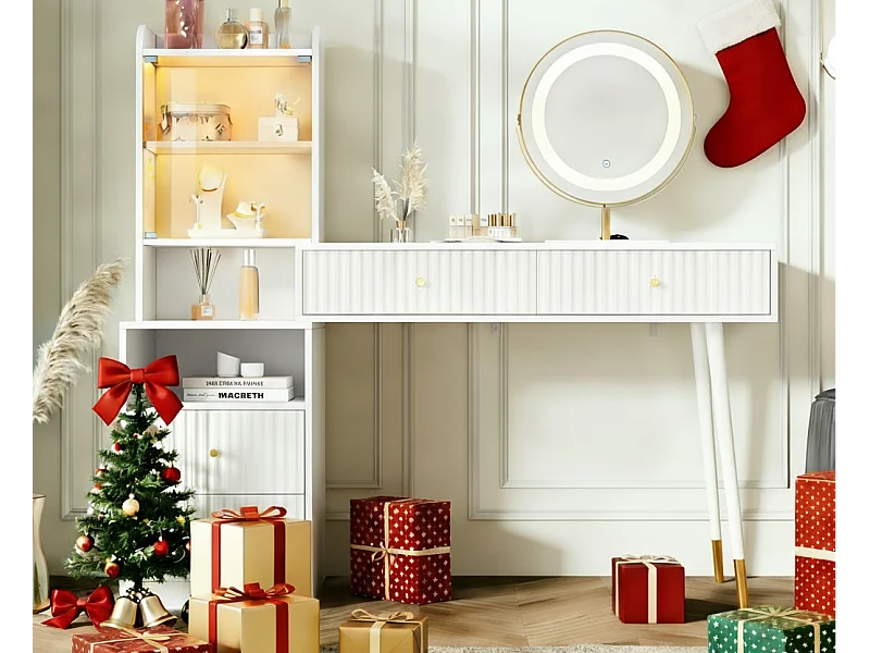 Kosmetiktisch mit Spiegel 100x40x125 cm - mit einstellbarer LED-Beleuchtung - mit 4 Schubladen und 1 Glastür - 1 offenes Ablagefach - Weiß